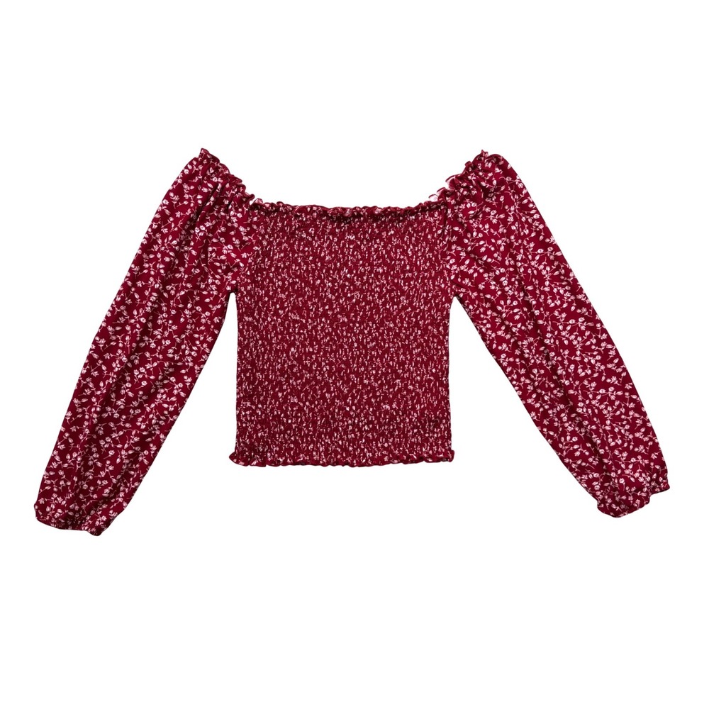 Floral Smocked Off The Shoulder Long Sleeve Top Red White Crop Blouse‎